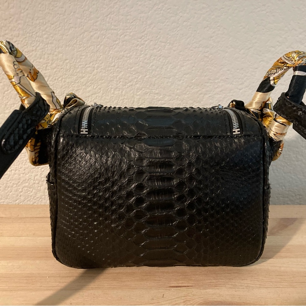 Black Python Textured Handbag With Scarf Accents … - image 3